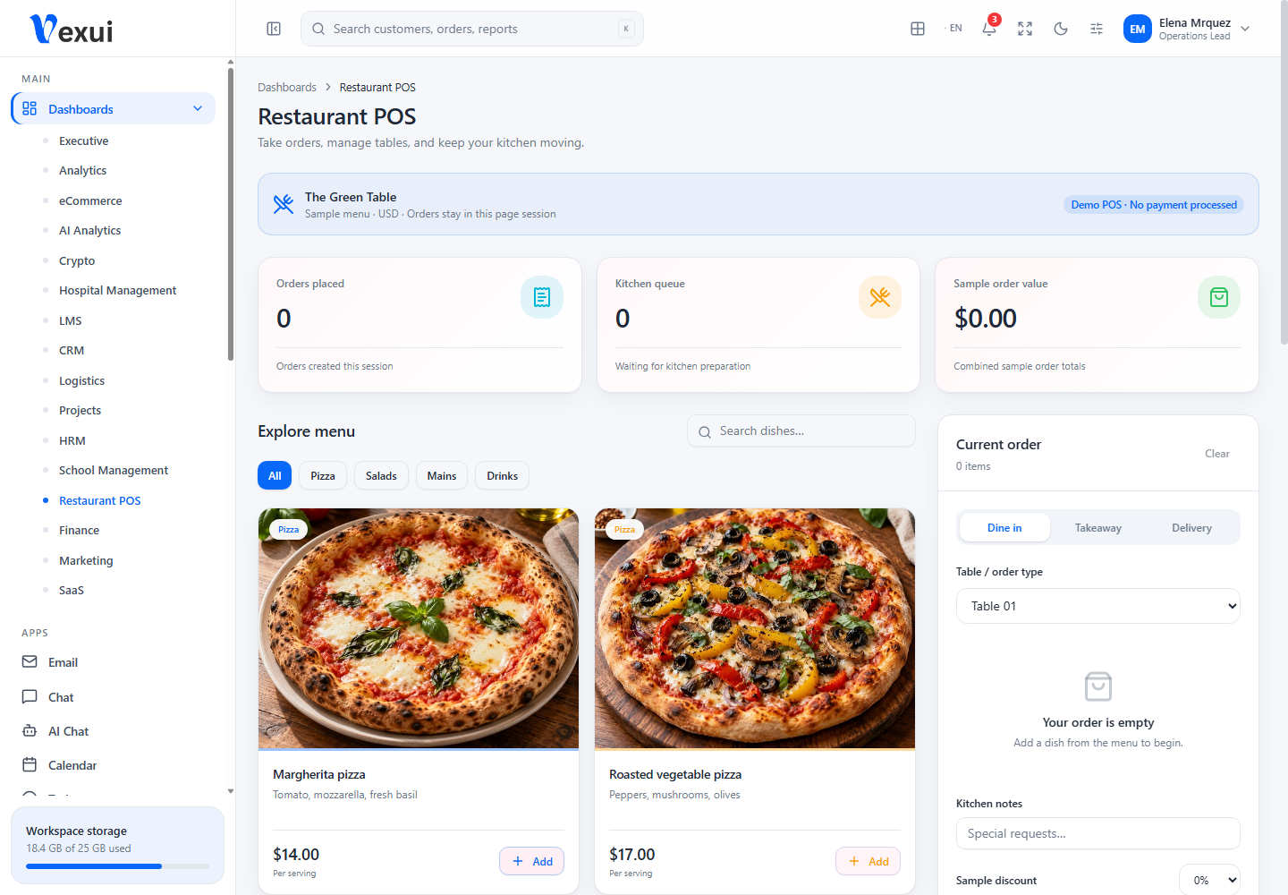 Restaurant POS dashboard screenshot from the current Vexui project